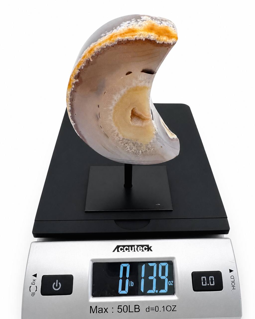 Druzy Agate Geode Crescent Moon on Metal Pin Stand