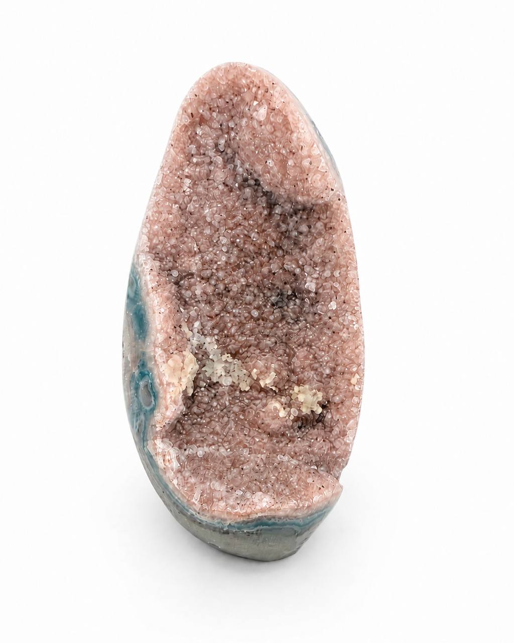 Pink Amethyst Geode Freeform front view showing druzy cavity