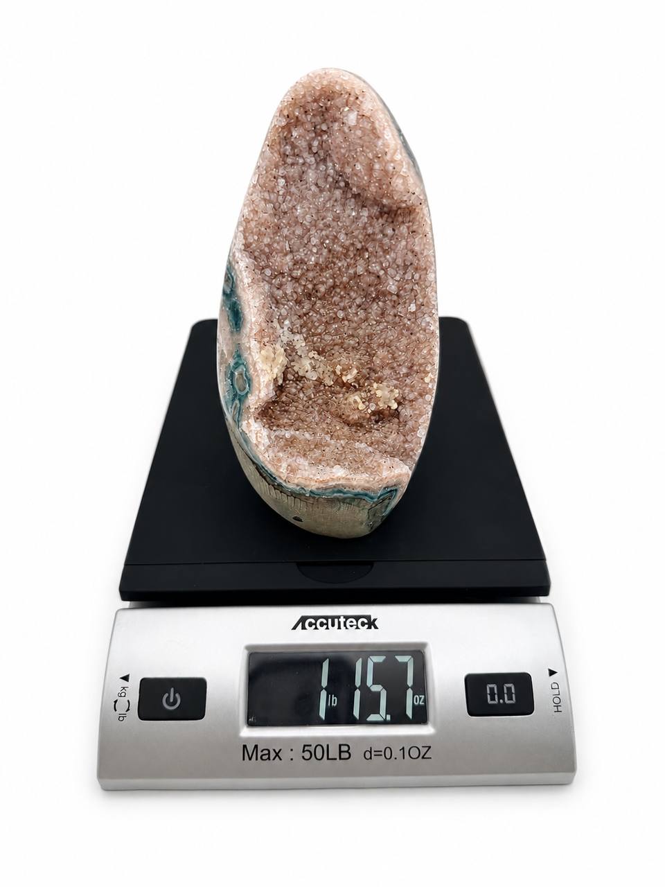 Pink Amethyst Geode Freeform on scale showing 1 lb 15.7 oz