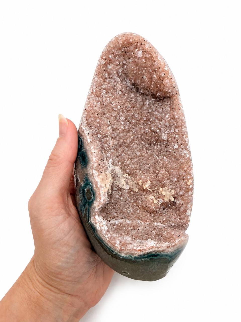 Pink Amethyst Geode Freeform held in hand for scale