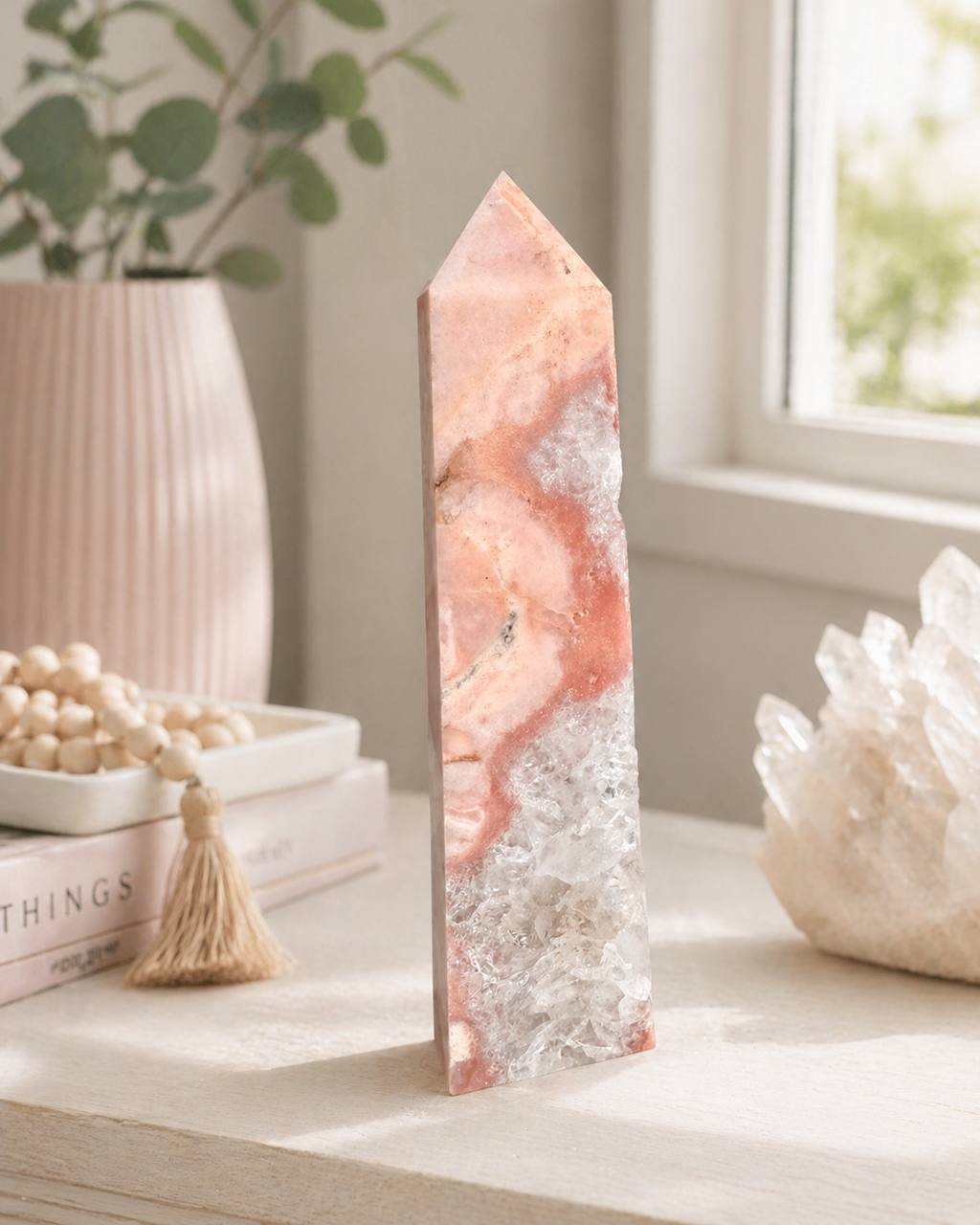 Pink Amethyst Flower Agate Crystal Tower with Druzy Quartz - lifestyle display