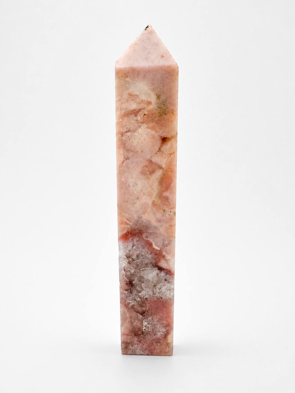 Pink Amethyst Flower Agate Tower - back view with druzy