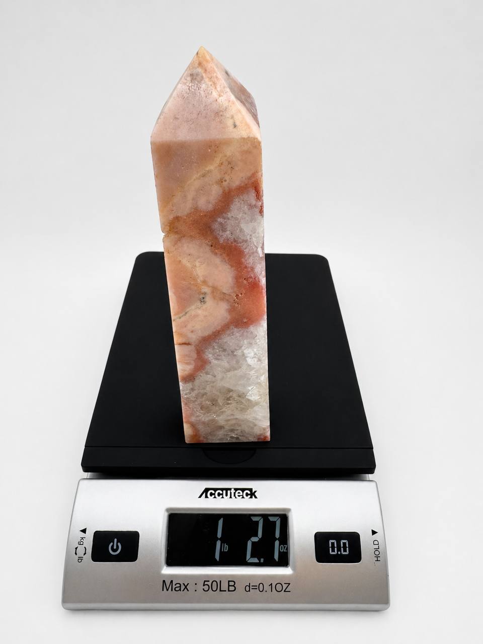 Pink Amethyst Tower on scale - 1 lb 2.7 oz