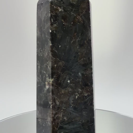 Arfvedsonite Tower with Garnet, Firework Stone Obelisk with Silver Blue Flash, 1.7 Pound Polished Cr