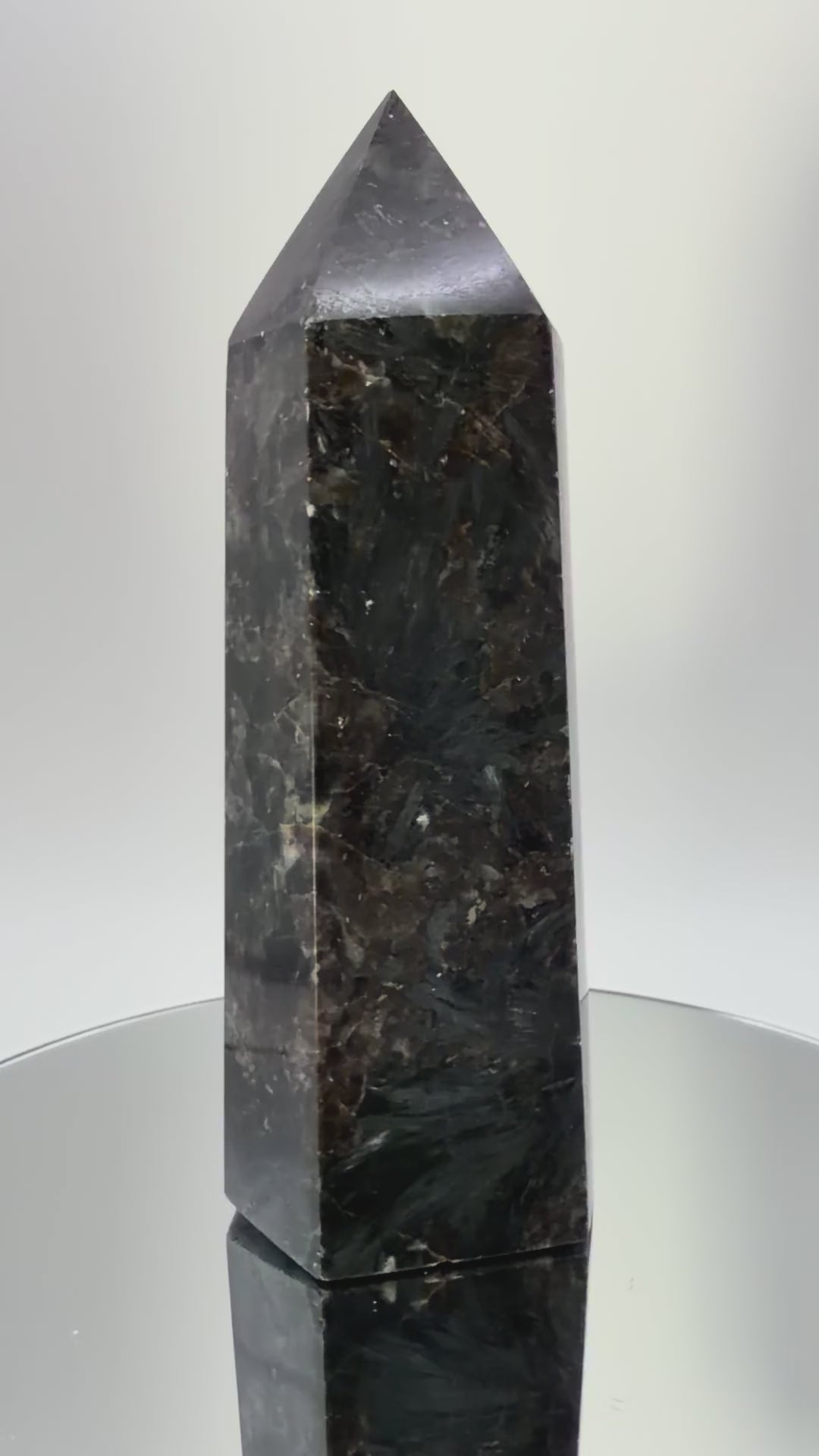 Arfvedsonite Tower with Garnet, Firework Stone Obelisk with Silver Blue Flash, 1.7 Pound Polished Cr