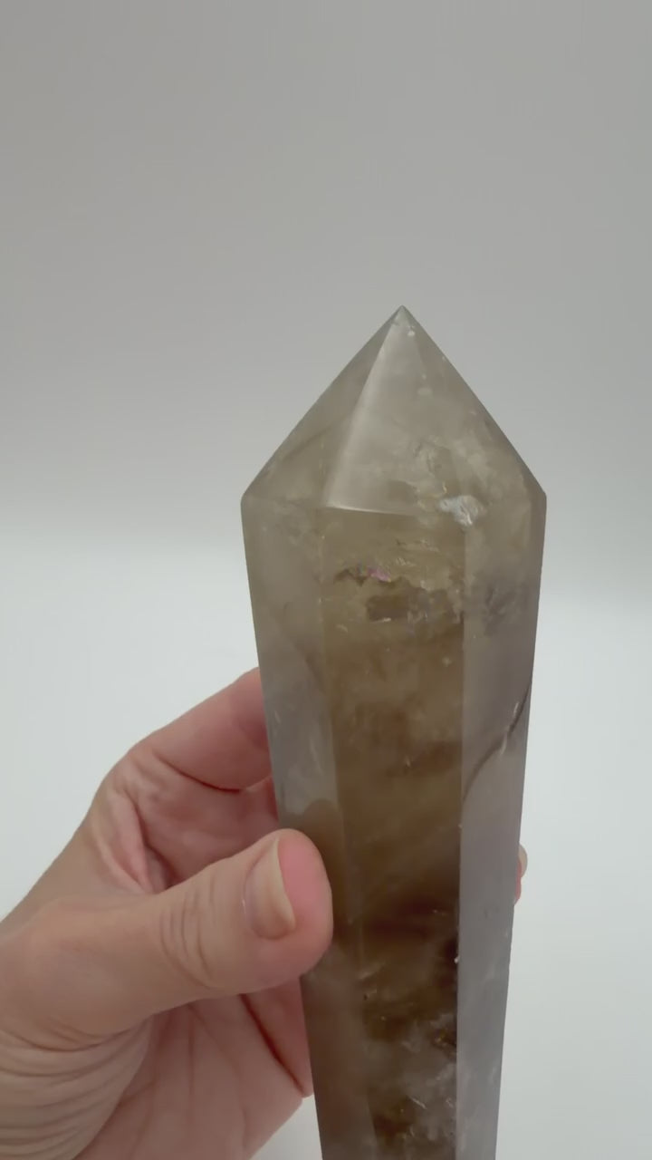 Smoky Quartz Crystal Wand, rotation video showing color gradient