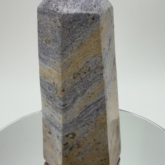 Blue and Tan Banded Jasper Tower, 6 Inch Polished Stone Obelisk in Sand and Soft Blue, 2 Pound State