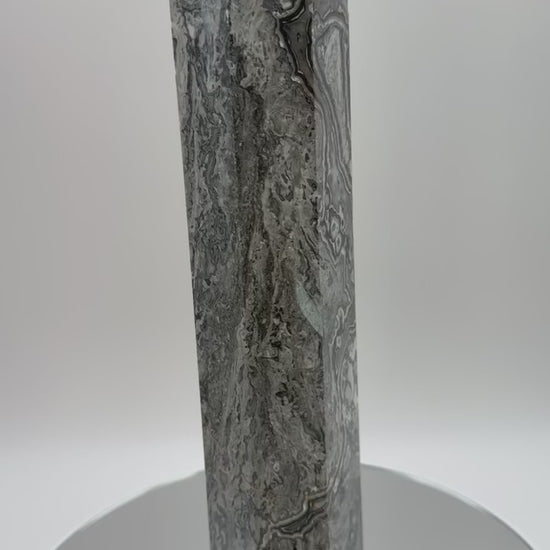 Picasso Jasper tower video showing swirling grey and black patterns