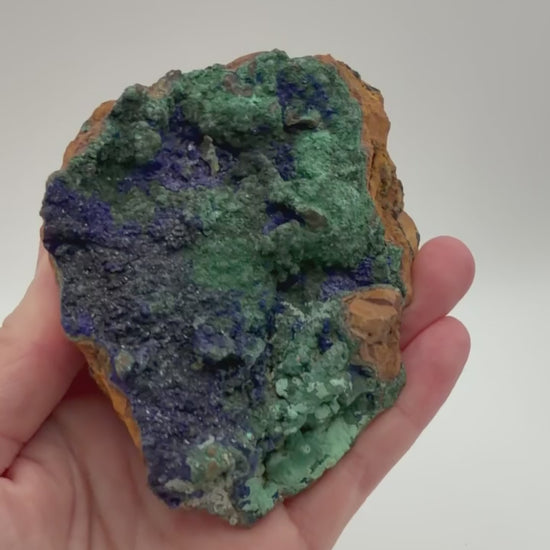 Azurite malachite specimen, royal blue and green copper minerals on custom pin stand