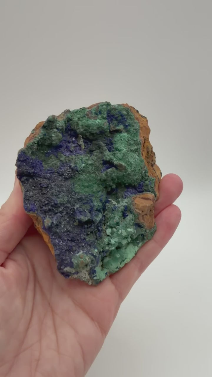 Azurite malachite specimen, royal blue and green copper minerals on custom pin stand