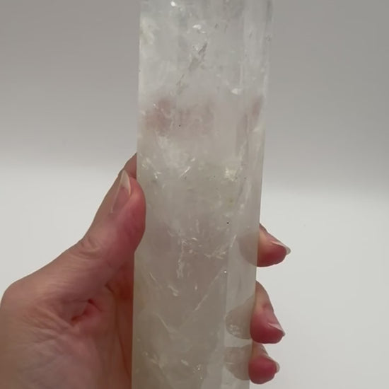 Clear quartz tower, 8.5 inch crystal obelisk with milky base