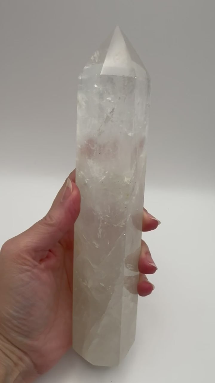 Clear quartz tower, 8.5 inch crystal obelisk with milky base