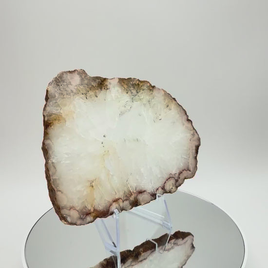White Quartz Geode Slice with Druzy Rim, 5 Inch Polished Agate Slab on Stand, Radiating Crystal Cent