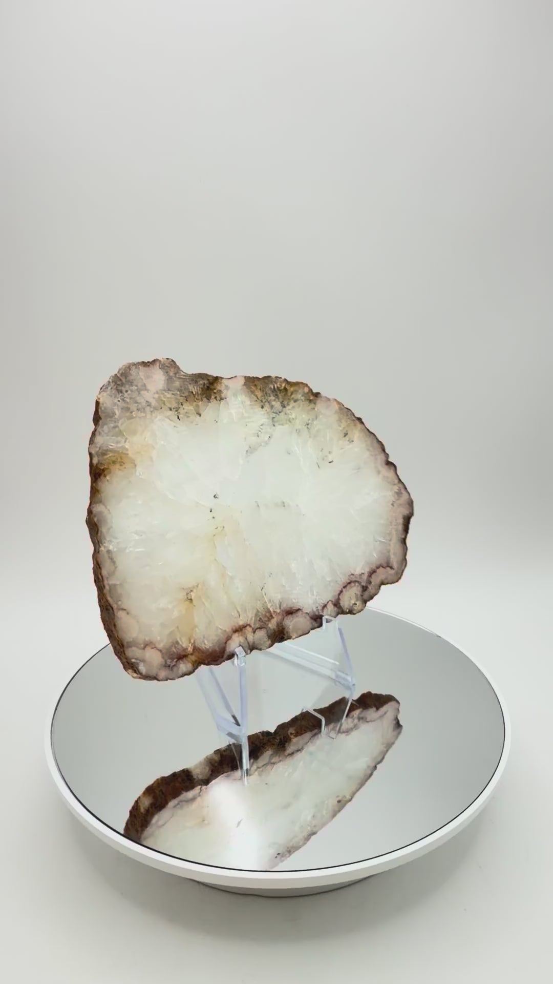 White Quartz Geode Slice with Druzy Rim, 5 Inch Polished Agate Slab on Stand, Radiating Crystal Cent