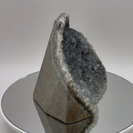 Black amethyst druzy cluster, self standing, charcoal grey crystals with white rim