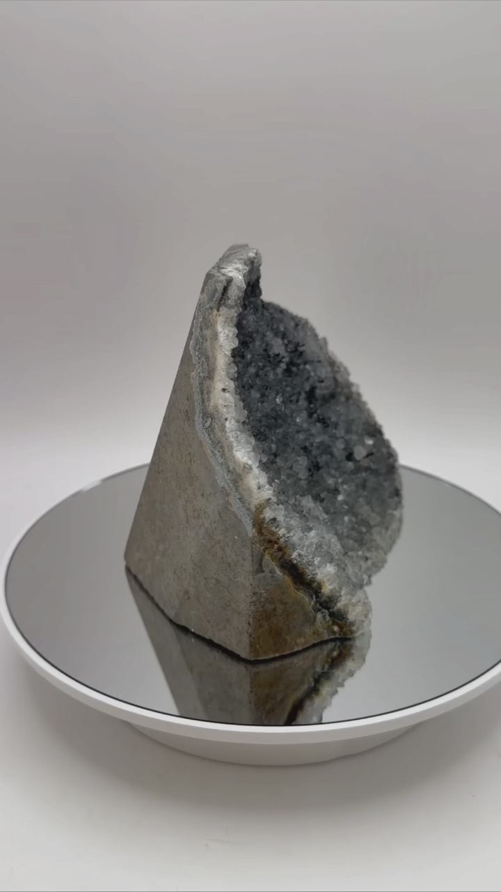 Black amethyst druzy cluster, self standing, charcoal grey crystals with white rim