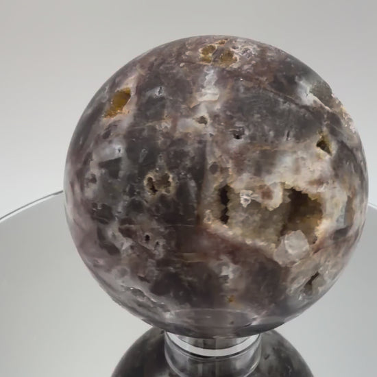 Chocolate Agate Geode Sphere with Two Druzy Caves, 3 Inch Polished Banded Crystal Ball, Sparkling Na