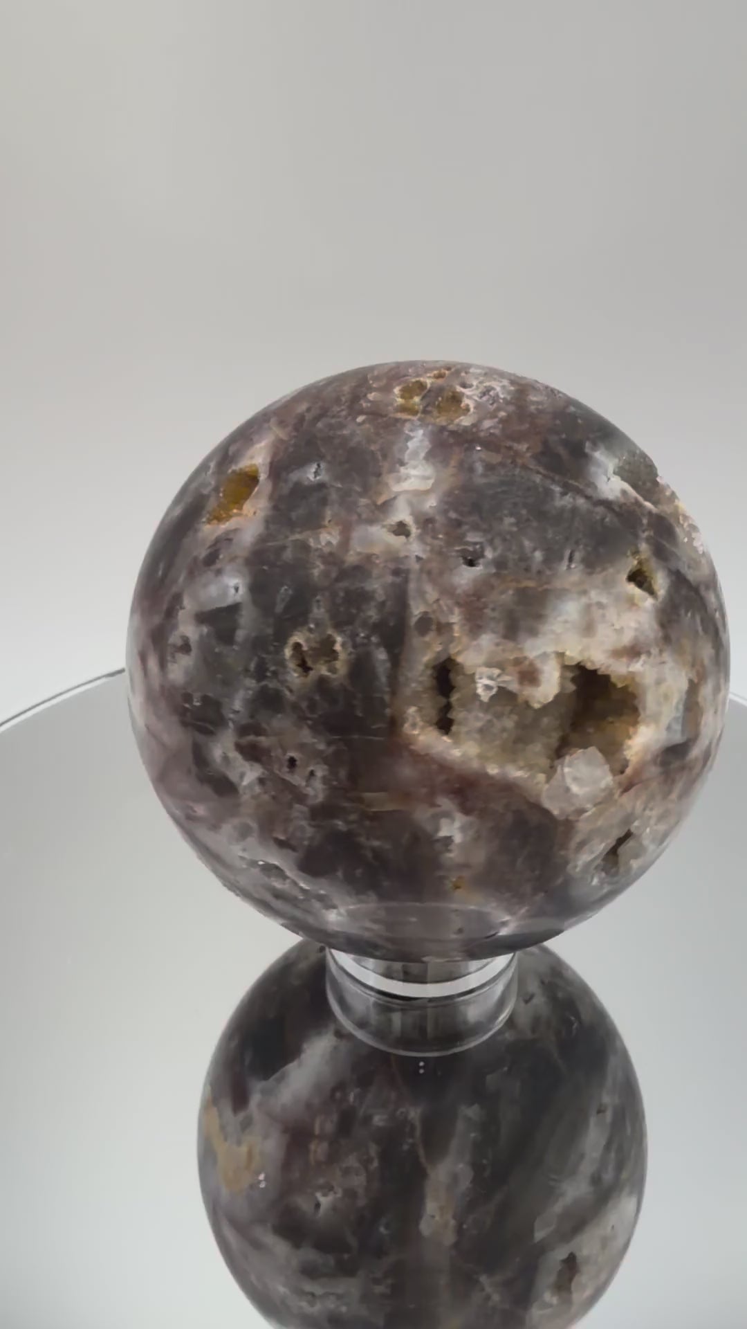 Chocolate Agate Geode Sphere with Two Druzy Caves, 3 Inch Polished Banded Crystal Ball, Sparkling Na