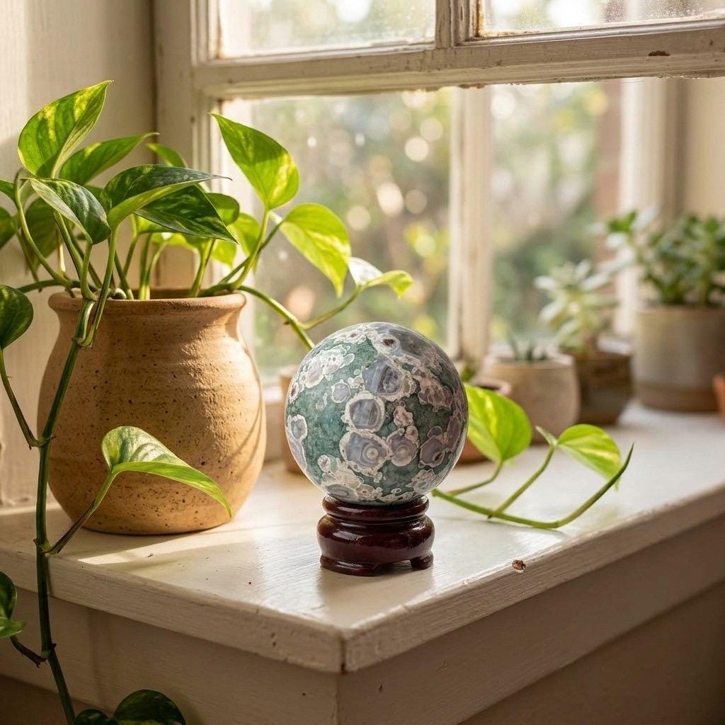 Ocean Jasper Sphere (Orbicular Rhyolite) | Green & White Orbs | Madagascar