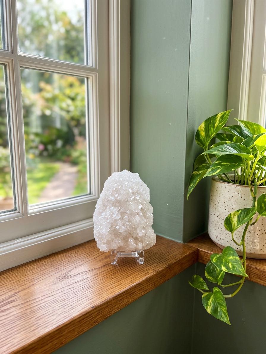 Raw White Apophyllite Crystal Cluster with Display Stand. Natural Sparkly Mineral Specimen, Cubic Crystal Formation