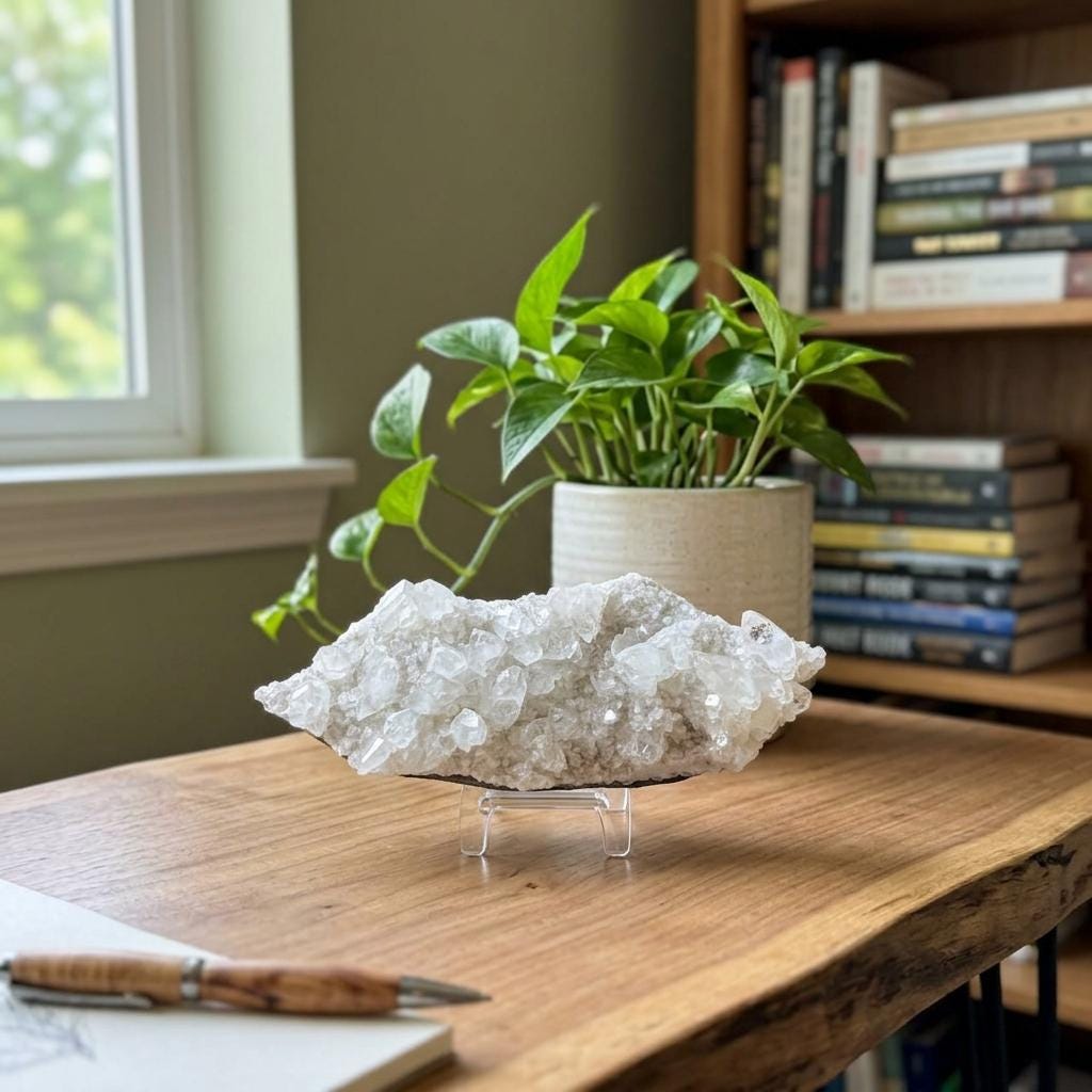 Raw White Apophyllite Crystal Cluster with Display Stand. Natural Sparkly Mineral Specimen, Cubic Crystal Formation, 1.51 lbs