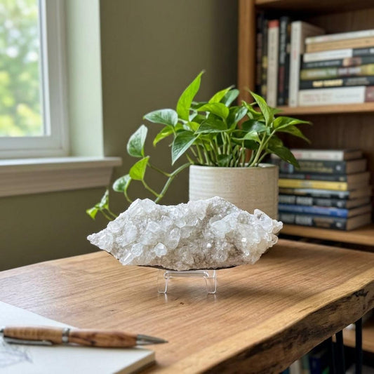 Raw White Apophyllite Crystal Cluster with Display Stand. Natural Sparkly Mineral Specimen, Cubic Crystal Formation, 1.51 lbs