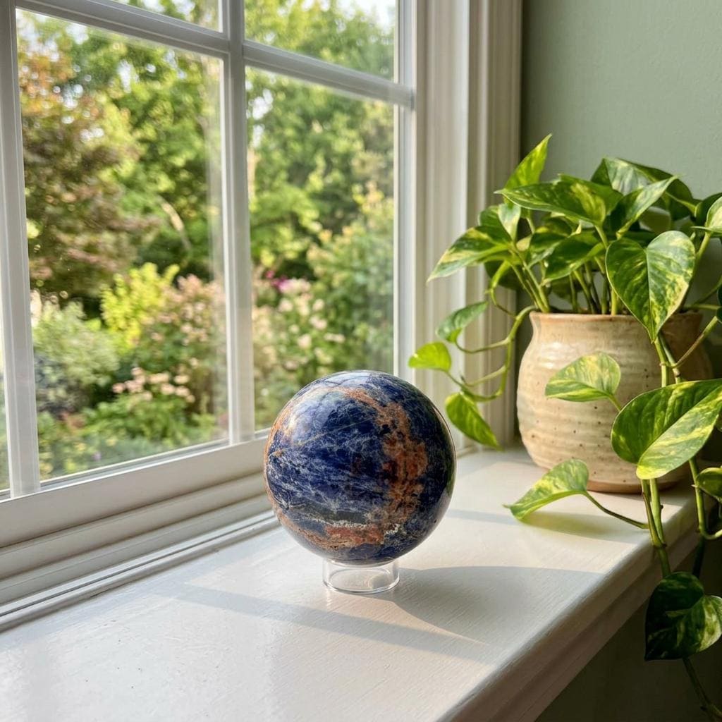 Sunset Sodalite Crystal Sphere. Polished Blue and Orange Sodalite with Iron Oxide Veining, Crystal Ball with Stand, 3.29"