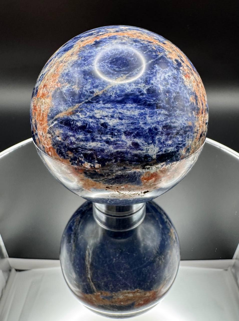 Sunset Sodalite Crystal Sphere. Polished Blue and Orange Sodalite with Iron Oxide Veining, Crystal Ball with Stand, 3.29"