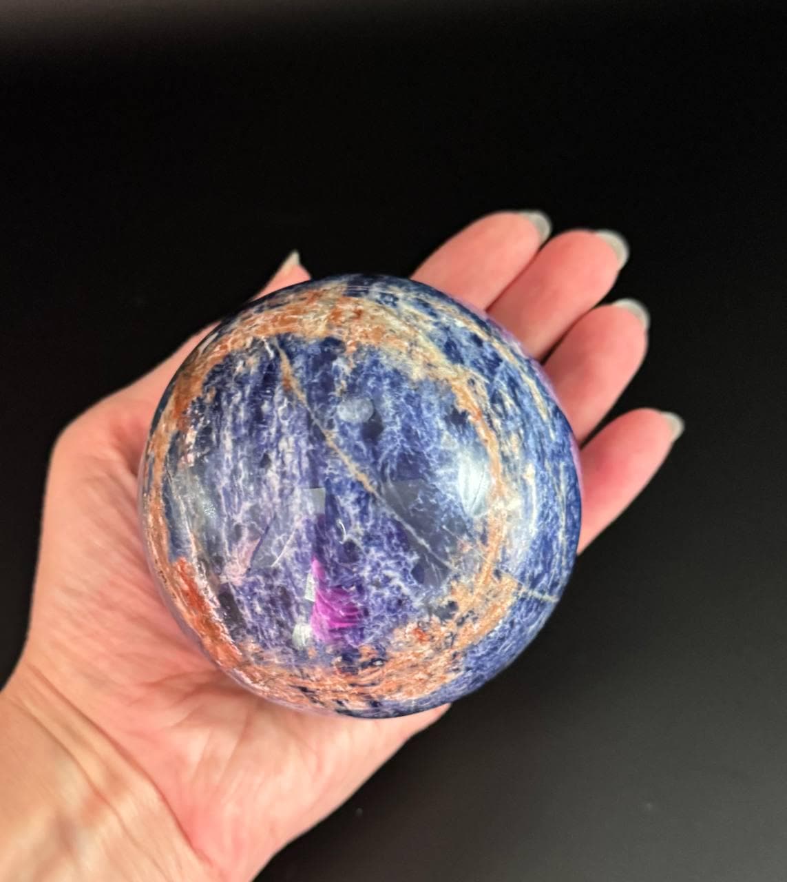 Sunset Sodalite Crystal Sphere. Polished Blue and Orange Sodalite with Iron Oxide Veining, Crystal Ball with Stand, 3.29"