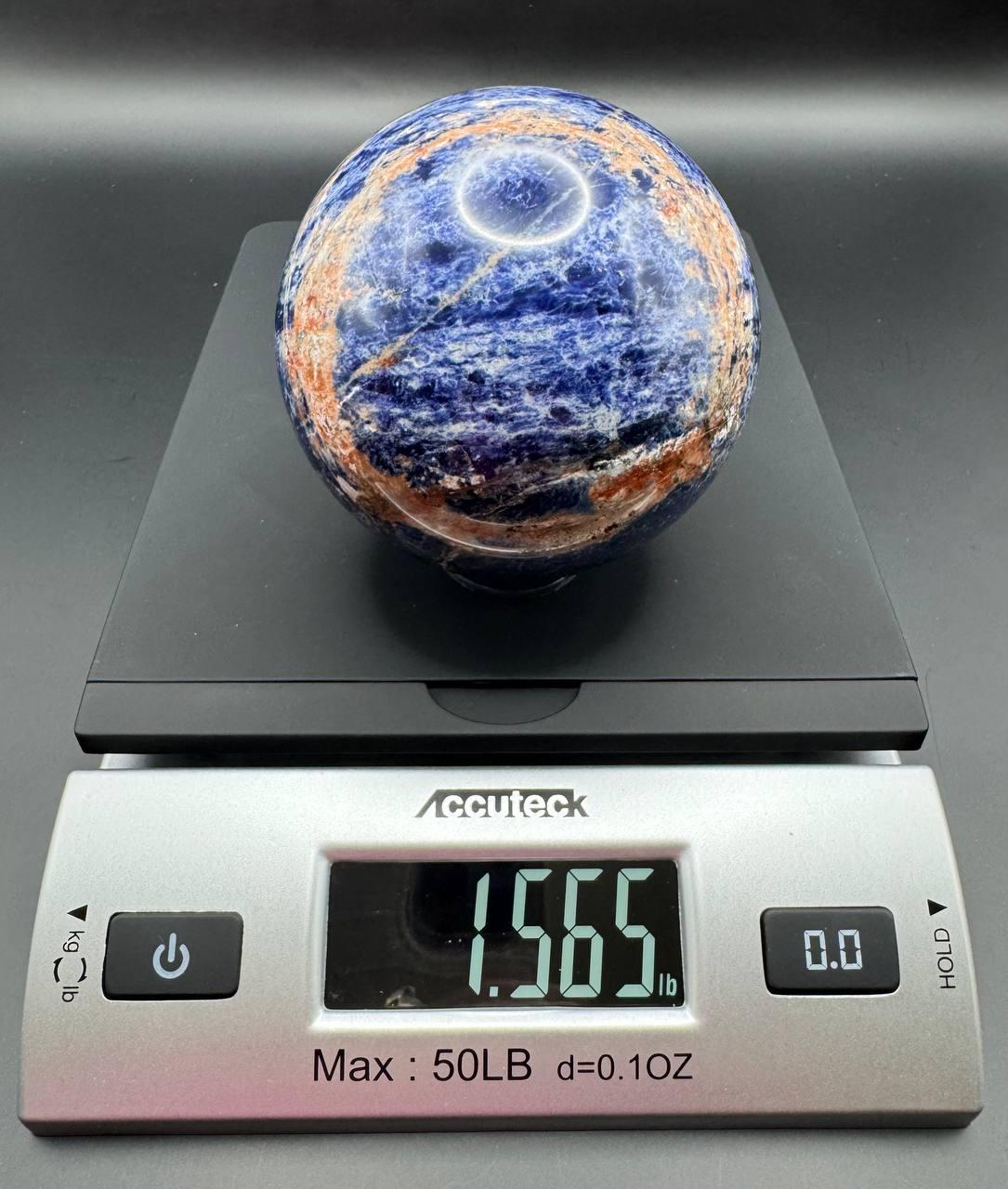 Sunset Sodalite Crystal Sphere. Polished Blue and Orange Sodalite with Iron Oxide Veining, Crystal Ball with Stand, 3.29"