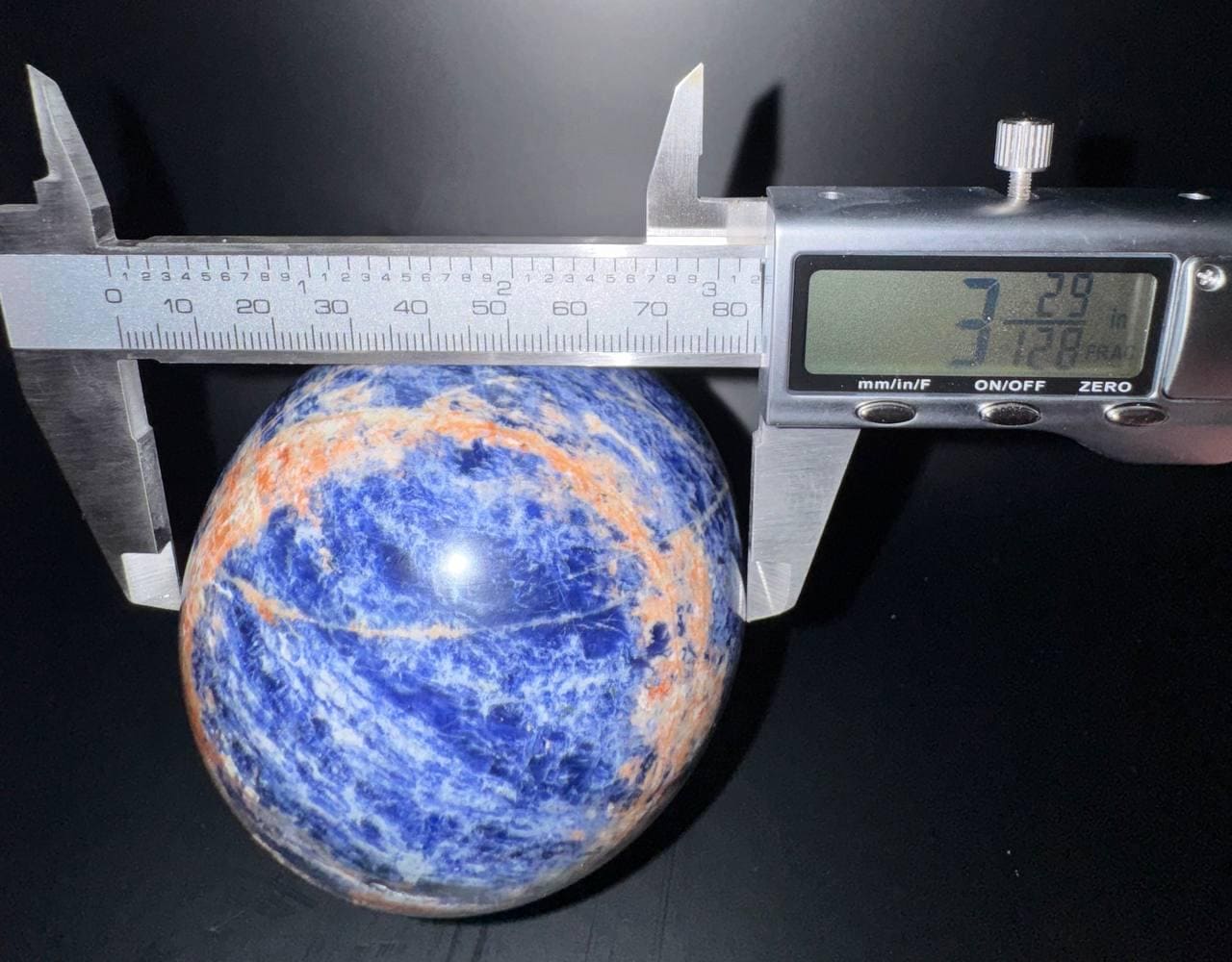 Sunset Sodalite Crystal Sphere. Polished Blue and Orange Sodalite with Iron Oxide Veining, Crystal Ball with Stand, 3.29"