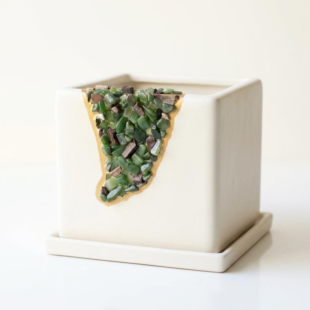 Crystal Mosaic Planter with Jade and Petrified Wood, Gold Detail Geode Planter with Saucer, Handmade One of a Kind
