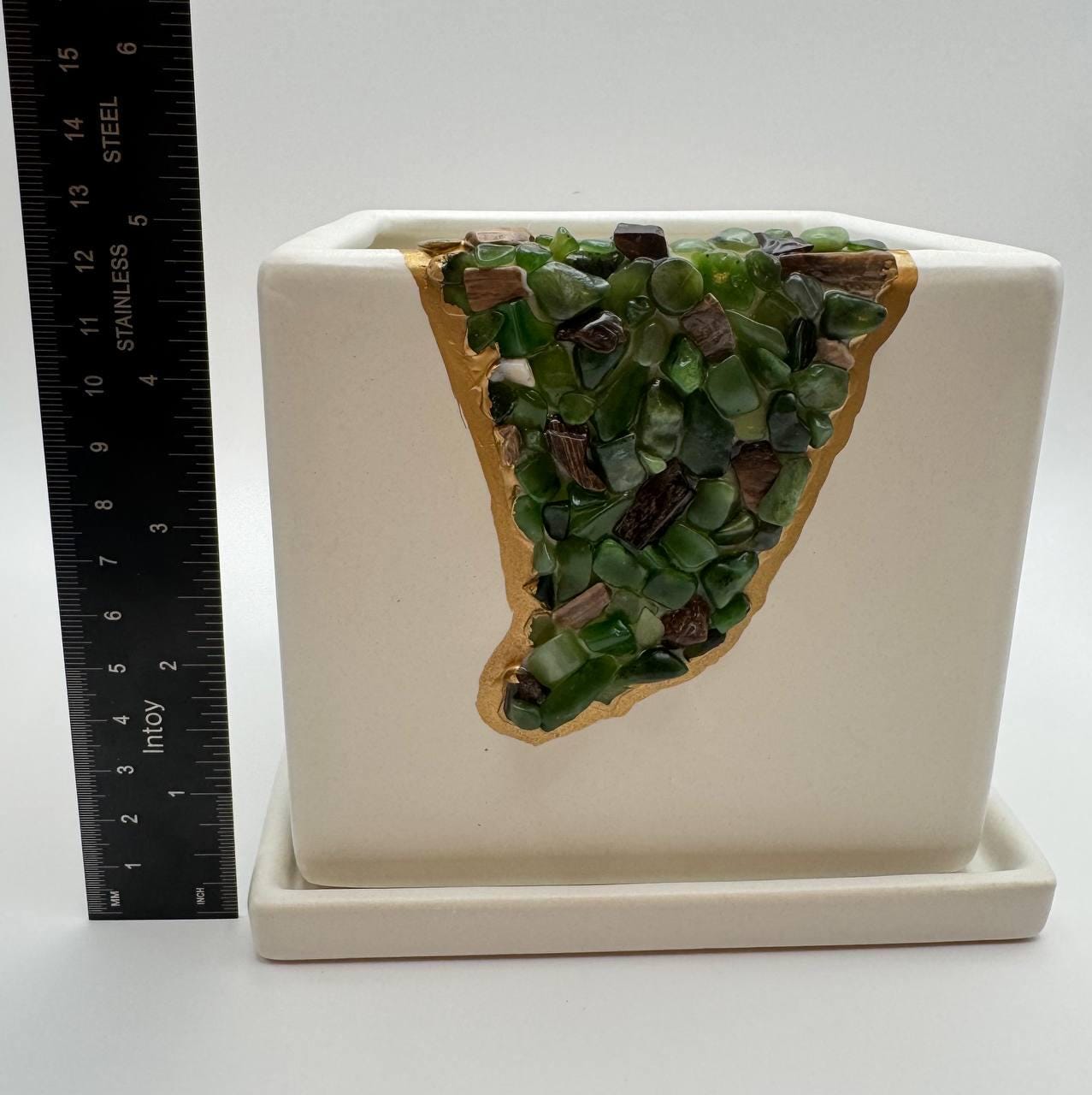 Crystal Mosaic Planter with Jade and Petrified Wood, Gold Detail Geode Planter with Saucer, Handmade One of a Kind