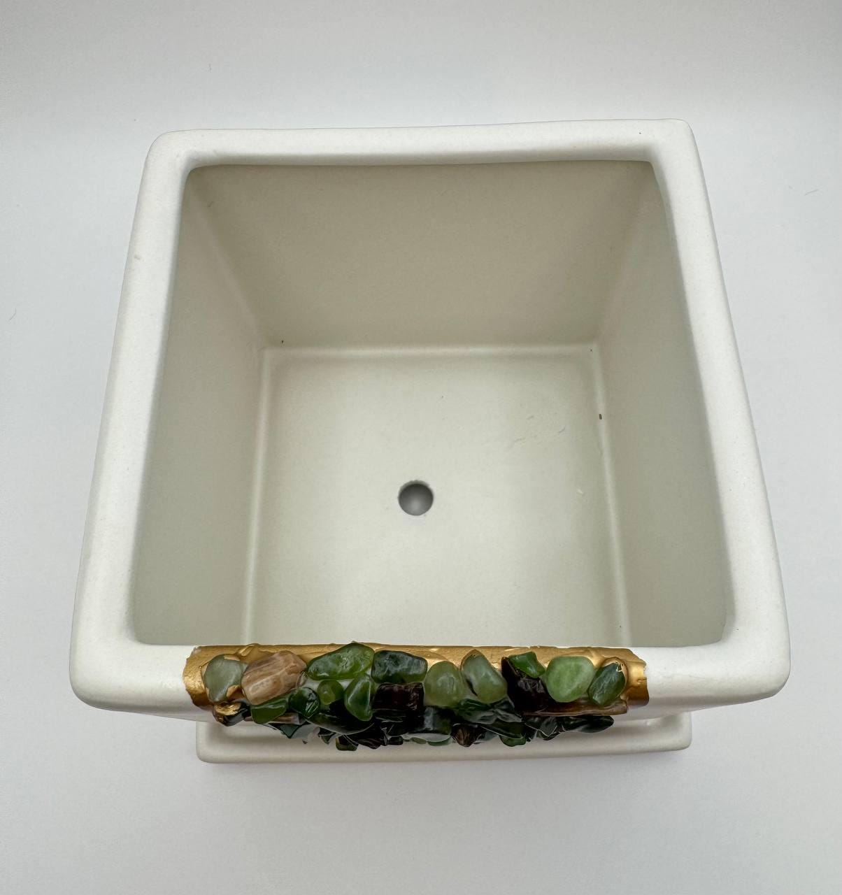 Crystal Mosaic Planter with Jade and Petrified Wood, Gold Detail Geode Planter with Saucer, Handmade One of a Kind