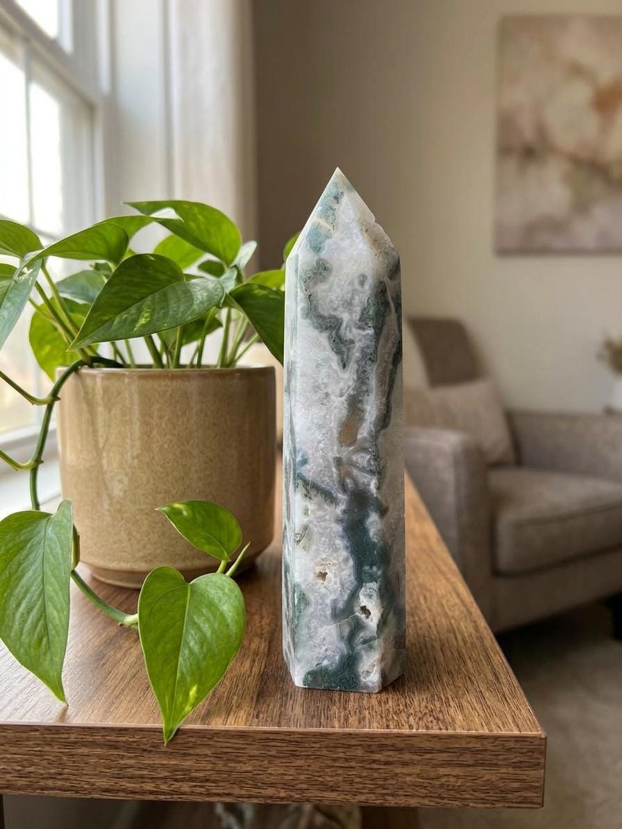 Moss Agate Tower, Green Crystal Point, Natural Moss Agate Obelisk