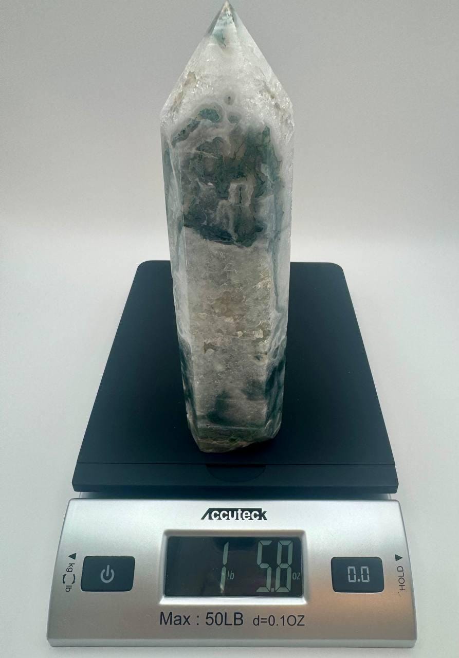 Moss Agate Tower, Green Crystal Point, Natural Moss Agate Obelisk