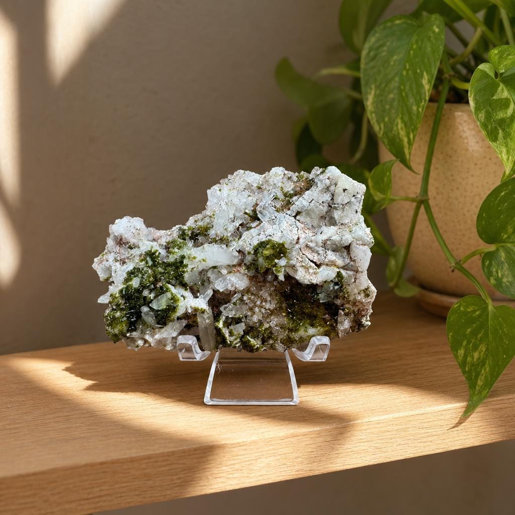 Epidote & Quartz Crystal Cluster | Raw Green Mineral Specimen | Natural Healing Stone with Stand