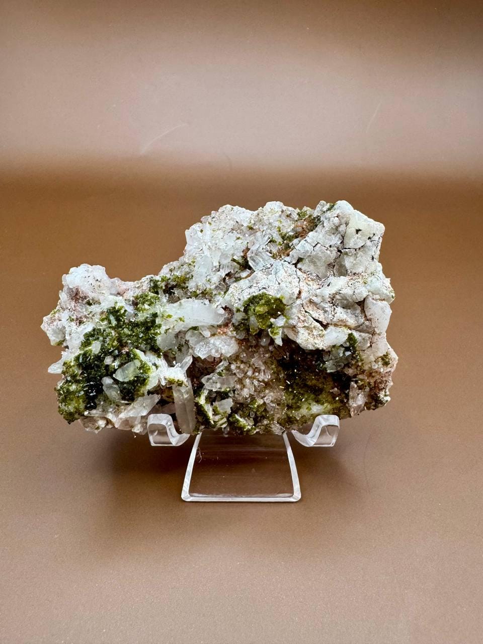 Epidote & Quartz Crystal Cluster | Raw Green Mineral Specimen | Natural Healing Stone with Stand