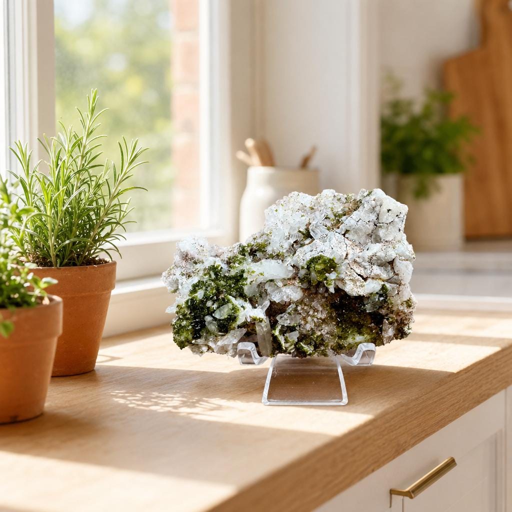 Epidote & Quartz Crystal Cluster | Raw Green Mineral Specimen | Natural Healing Stone with Stand