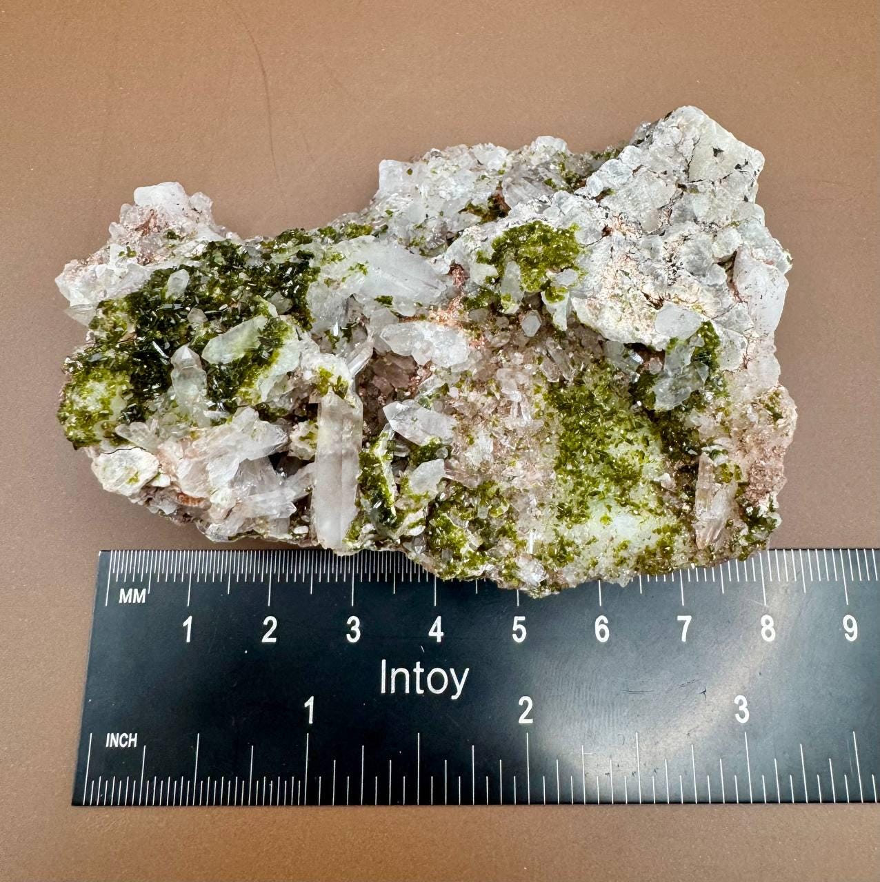 Epidote & Quartz Crystal Cluster | Raw Green Mineral Specimen | Natural Healing Stone with Stand