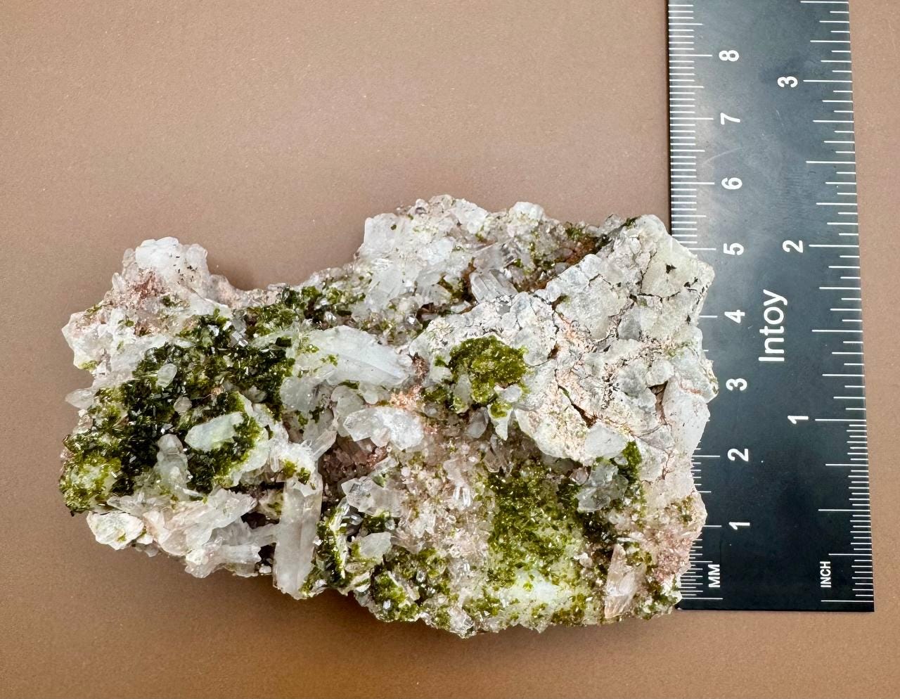 Epidote & Quartz Crystal Cluster | Raw Green Mineral Specimen | Natural Healing Stone with Stand