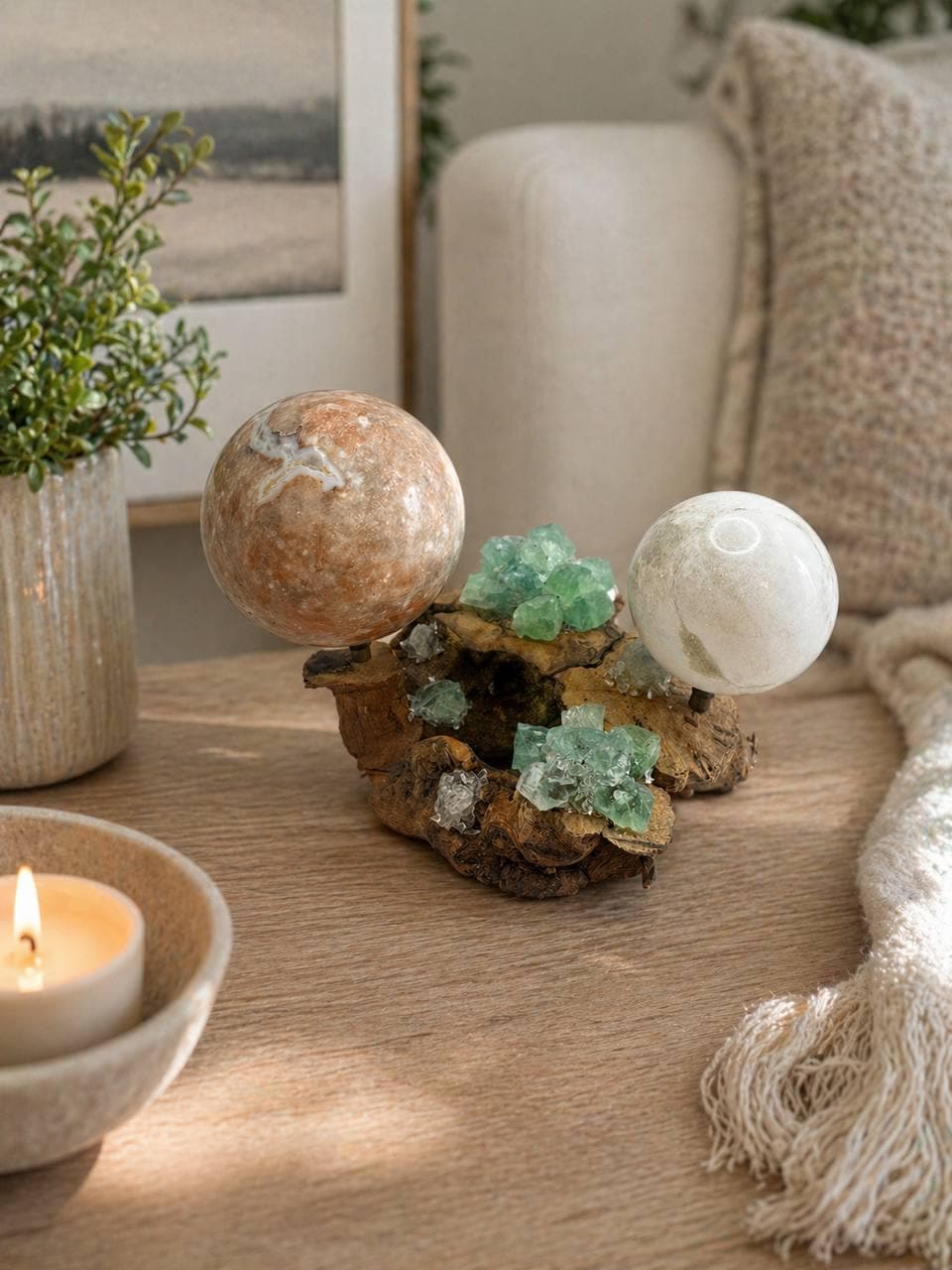 Green Fluorite Crystal Sphere | Natural Burl Wood | Handmade Crystal Display