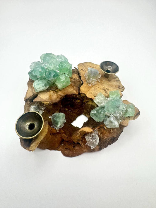 Green Fluorite Crystal Sphere | Natural Burl Wood | Handmade Crystal Display