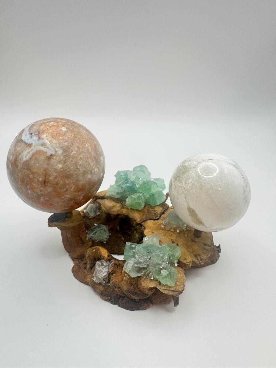 Green Fluorite Crystal Sphere | Natural Burl Wood | Handmade Crystal Display