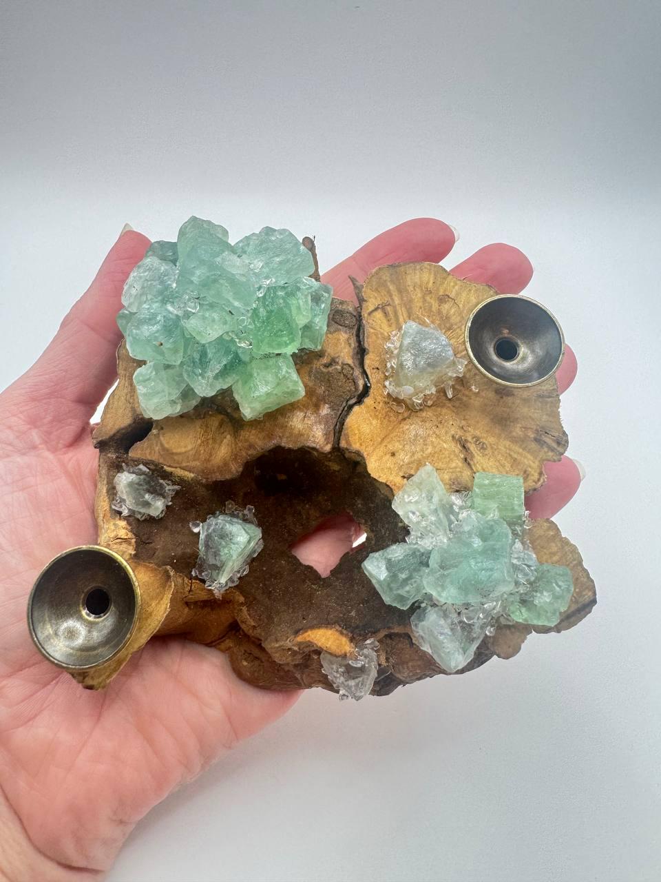 Green Fluorite Crystal Sphere | Natural Burl Wood | Handmade Crystal Display