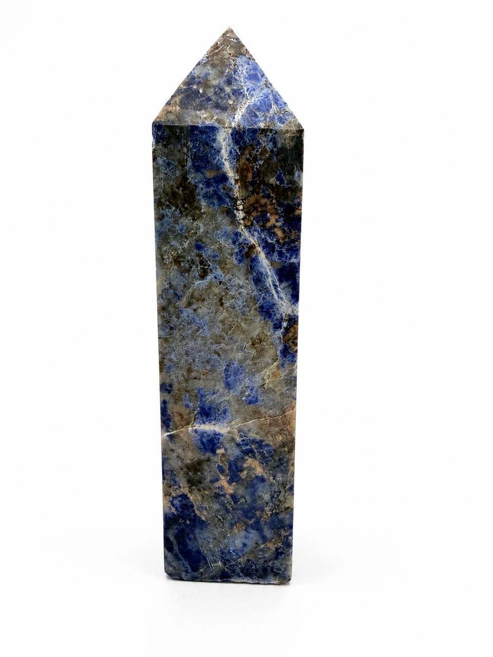 Lapis lazuli tower front view showing deep blue and calcite veining