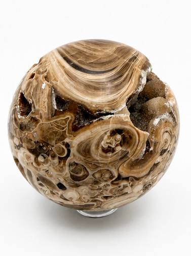 Chocolate calcite sphere front view with druzy cavity and banding