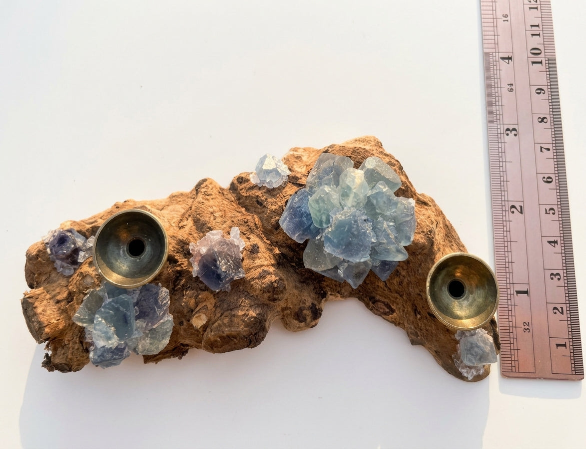 Blue fluorite sphere holder top view with ruler