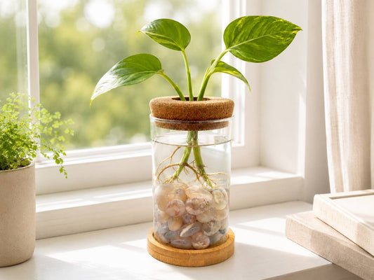 Crystal Plant Propagation Station with Sakura Agate Stones — Glass Vase Gift Set