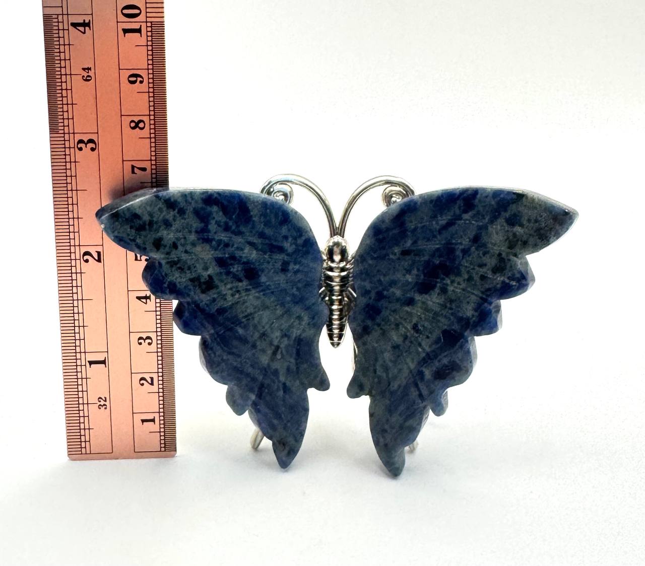 Sodalite butterfly with ruler showing 2.5 inch height